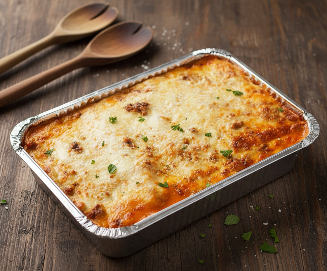 Lasaña de Carne, con capas de pasta, salsa y queso derretido.