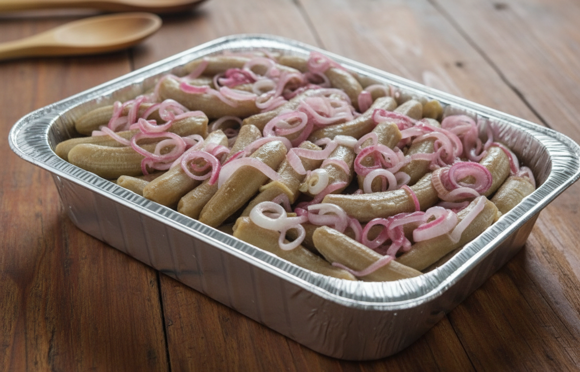 Guineítos verdes cocidos y cubiertos con una salsa de cebolla roja.